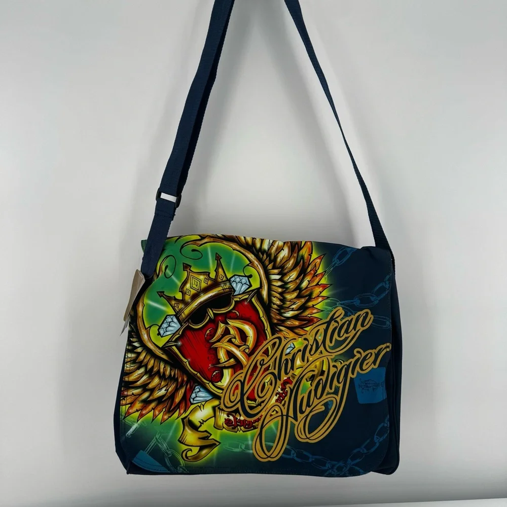 Vintage Y2k Christian Audigier Ed Hardy Laptop Messenger Crossbody Blue Bag New